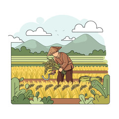 Farmer Harvesting Rice in Paddy Field Illustration