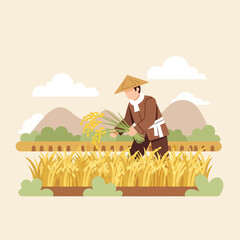 Farmer Harvesting Rice in Paddy Field Illustration