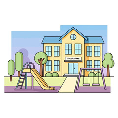 Colorful School Building with Playground Slide and Swings Illustration