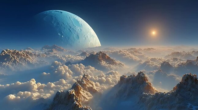 Surreal alien landscape with massive blue moon and sun shining over rugged mountain peaks rising from sea of clouds
