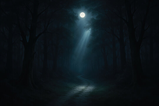 Moonlit forest path with a bright full moon shining through the trees - Powered by Adobe