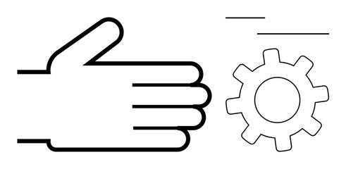 Open hand moving towards gear with motion lines. Ideal for cooperation, teamwork, innovation, workflow, system integration, efficiency, progress, simple flat metaphor