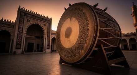 Naklejka premium Traditional Drum in Mosque Courtyard at Sunset