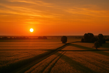Golden sunset over a rural landscape with fields and trees