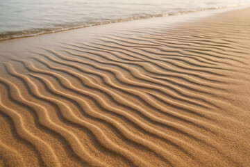 Fototapeta premium Sandy beach texture with water gently lapping the shore at sunset