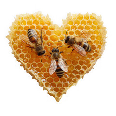  Three bees on heart-shaped honeycomb on a white background.