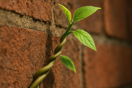 vibrant green vine growing on a weathered red brick wall - Powered by Adobe