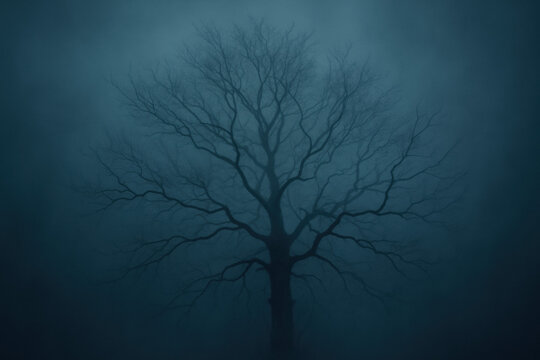 bare tree silhouette in a moody, atmospheric, and foggy landscape
