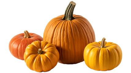 Fototapeta premium Group of orange pumpkins of various sizes isolated on transparent background