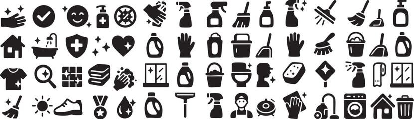 Cleaning and hygiene icon set with household cleaning tools, detergents, sprays, gloves, brushes and sanitation symbols