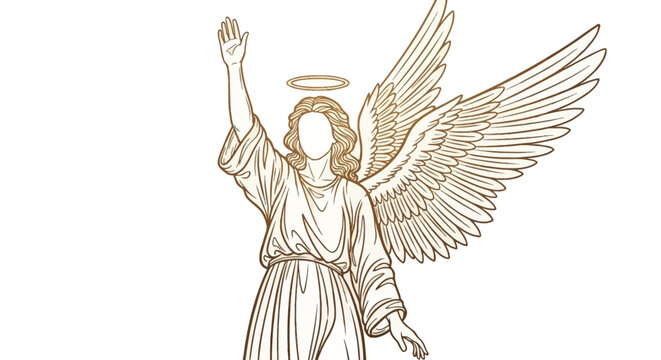 Outline of an angel with one hand raised rendered in warm earth tones on a white background