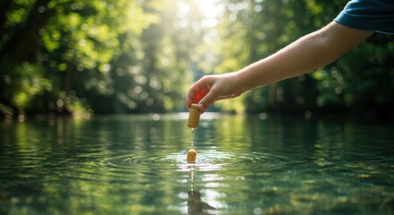 Hand reaching into tranquil water