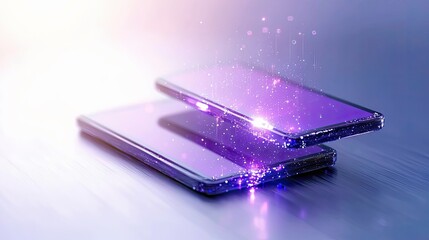 Two modern smartphones are stacked, emitting vibrant purple light and digital particles that flow upwards, suggesting data transfer or energy. The scene is illu