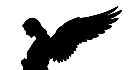 Elegant angel silhouette with a single outstretched wing on a clean white background