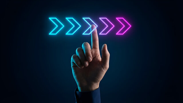 A futuristic technology concept with a finger pointing to a digital interface of luminous blue and pink arrows, representing innovation and digital transformation