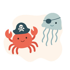 A Fun and Playful Illustration Featuring a Pirate Crab with a Hat and a Jellyfish with an Eye Patch, Perfect for Children's Themes