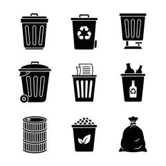 Garbage and Recycling Bin Icons with Waste Containers, Trash Bags, and Paper Disposal Symbols