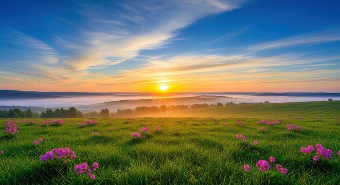 Vibrant sunrise over a misty green meadow dotted with purple wildflowers under a dramatic blue and orange sky