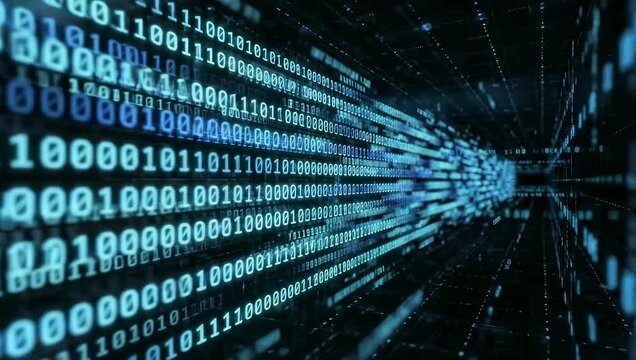 Binary code stream in blue hues representing digital data and technology