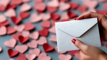 A close-up shot of a woman's hands holding a white envelope against a background of scattered pink and red paper hearts. The lighting is soft and romantic.