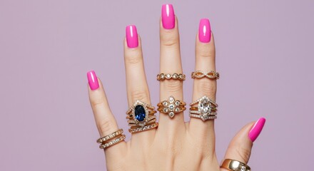 Hand with rings pink nails pastel background