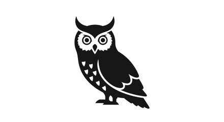 Obraz premium A stylized black silhouette of an owl with prominent ear tufts and large eyes, standing on a white background, representing wisdom and mystery.