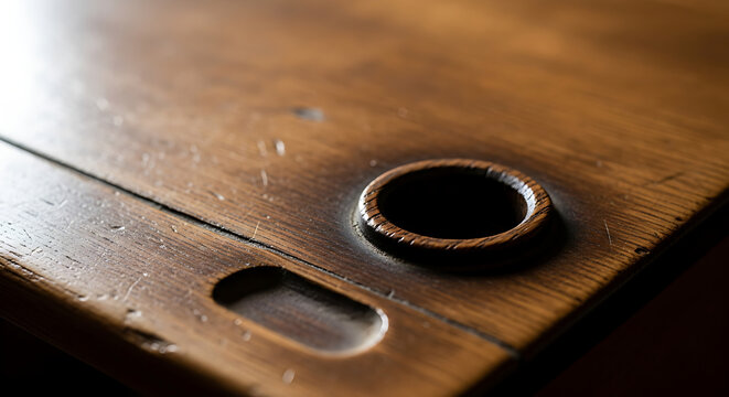Close-up of a vintage dark wooden school desk surface with an empty inkwell hole and a pen tray slot showcasing antique education history