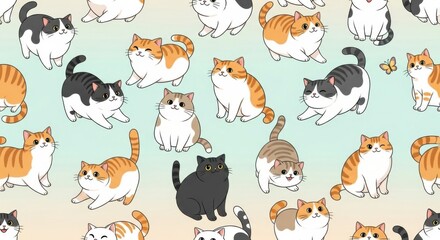 Obraz premium Whimsical Pattern of Diverse Playful Cats with Varied Colors and Expressions for Creative Design