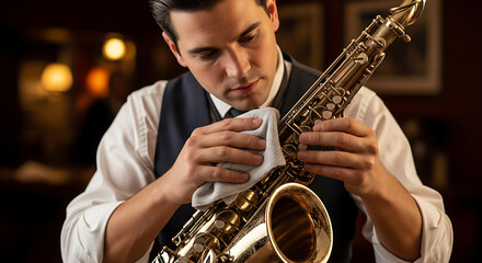 Obraz premium Professional musician carefully cleaning a shiny golden saxophone preparing for an elegant performance in a dimly lit jazz club