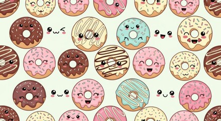 Adorable kawaii style cartoon donuts with expressive faces and colorful icing creating a fun