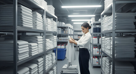 Woman inspecting folded white laundry in a storage room with shelves of clean linens