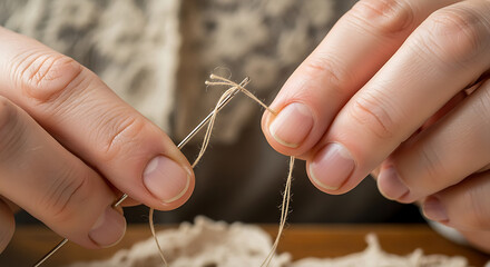 Close up hands carefully threading a fine needle with beige thread preparing for detailed hand sewing tailoring or intricate textile craftsmanship