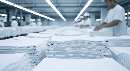 Industrial laundry process with neatly folded white linens and workers in background
