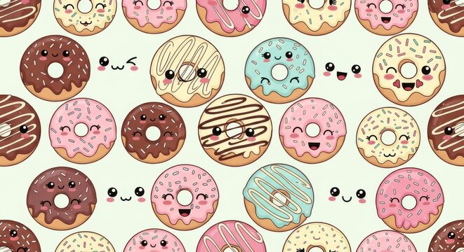 Adorable kawaii style cartoon donuts with expressive faces and colorful icing creating a fun