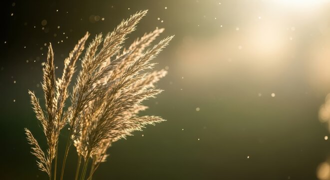Closeup of golden grass seed heads backlit by warm, soft sunlight during golden hour, with tiny dust particles or pollen floating in the air against a dark, blurred background - Powered by Adobe