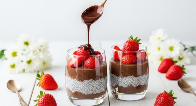 Chocolate chia seed pudding parfait with fresh strawberries isolated on white background - Powered by Adobe