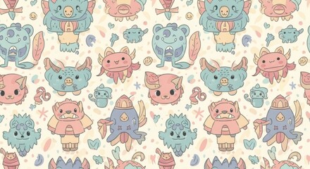 Adorable pastel-colored cartoon animals and mythical creatures seamless pattern design for