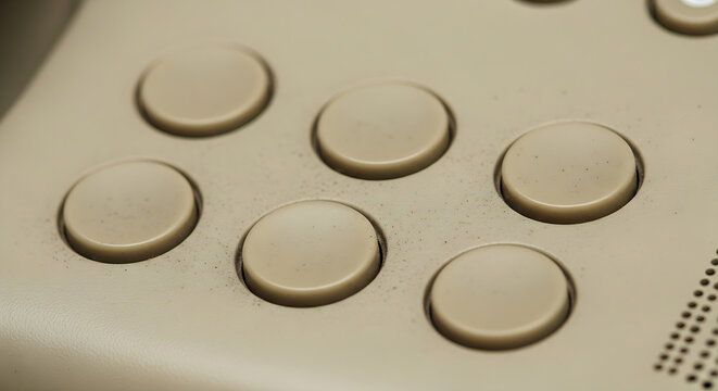 Close up view of beige round buttons on a vintage electronic control panel device for retro gaming input technology