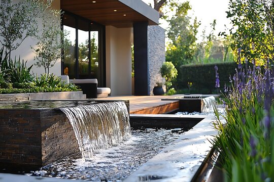 Multi-level Water Features in a Modern Backyard Landscape Image