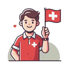 Flat Illustration of Man Holding Swiss Flag with Red Shirt and Heart Symbol