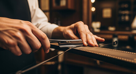 Skilled barber hands carefully sharpen sharp straight razor on a leather strop for traditional male grooming in classic barbershop