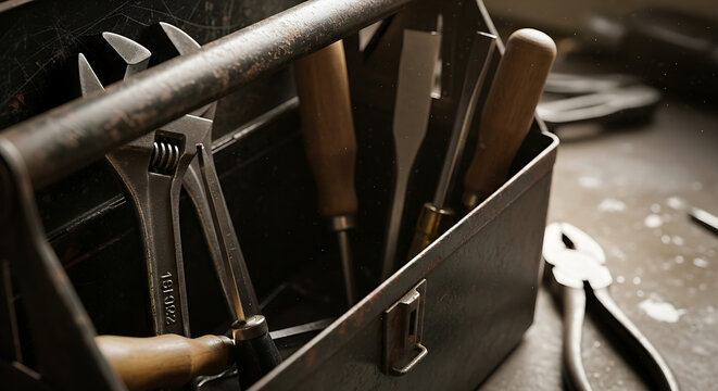 Rustic metal toolbox filled with various vintage hand tools for repair maintenance craftsmanship home improvement and construction work