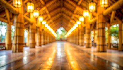 Interior shot of a long wooden walkway with warm lighting, blurred background