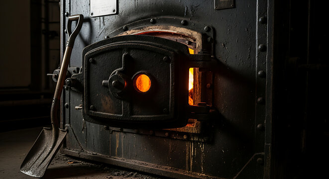 Old industrial coal furnace boiler with an open door revealing glowing hot embers and a shovel providing heat power