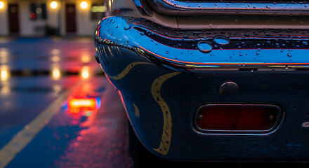 Vintage car bumper reflecting colorful neon motel lights on wet rainy night close up urban journey atmospheric mood travel