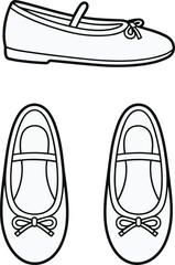 Ballet flat shoe vector set, side and top view fashion sketch with rounded toe, bow detail, strap design, footwear illustration for design