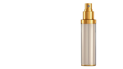 Elegant mockup of a cosmetic container with a gold casing and a gold dispenser, isolated on a transparent background. 