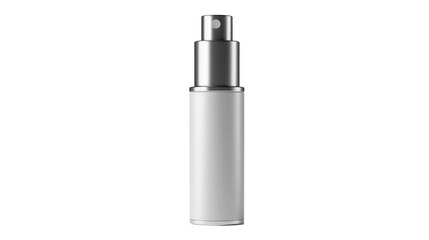 Elegant mockup of a white glass cosmetic container with a silver dispenser, isolated on a transparent background
