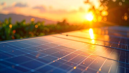 Solar panel reflecting a vibrant sunset over a vineyard, renewable energy concept