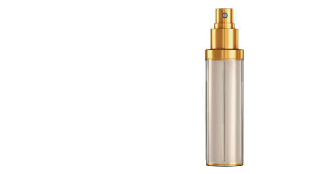Elegant mockup of a cosmetic container with a gold casing and a gold dispenser, isolated on a transparent background. 